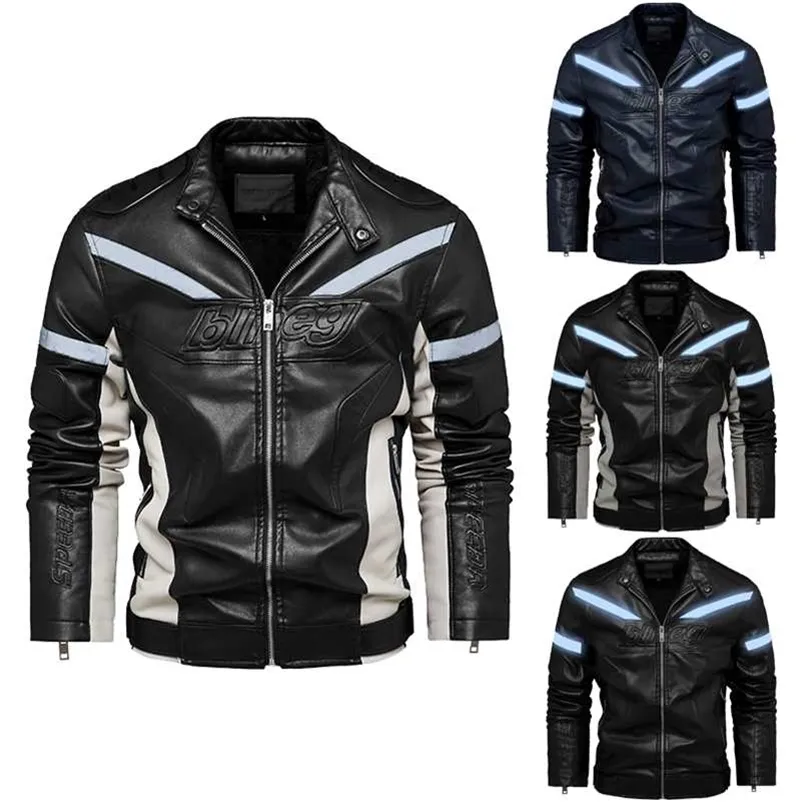 Mode homme veste en cuir PU nuit réfléchissant moto veste chaud Patchwork manteau d'hiver avec poche zippée 211106