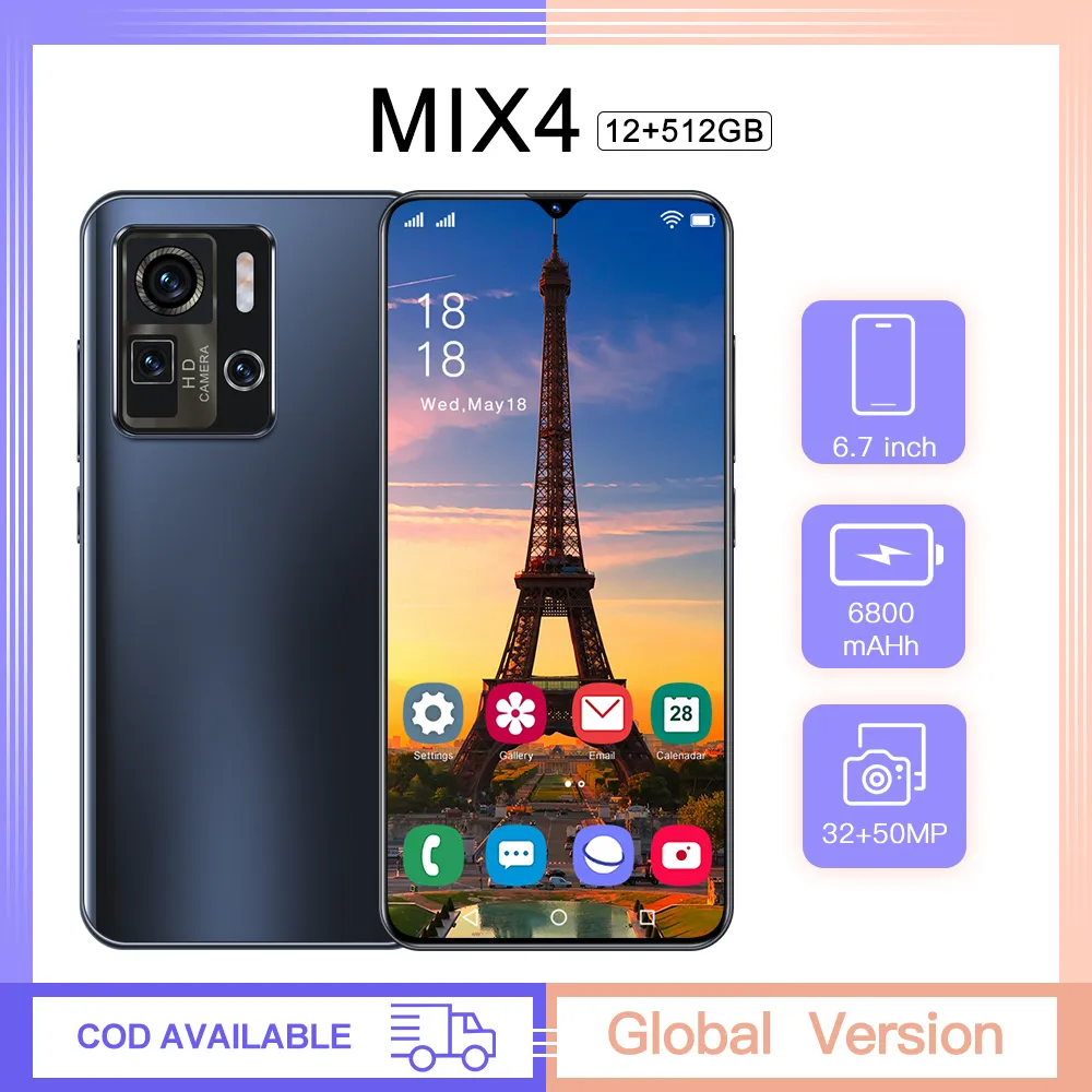 Mix4 6,7 HD-Display 1440 * 3200 Mobiltelefon Android 10 12 + 512 GB Speicher Smartphone Drahtloses WiFi 5200 mAh Akku Schnelles Aufladen