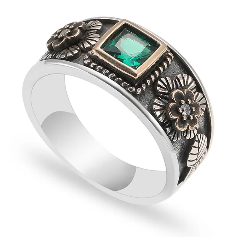 Cluster ringar mode personlighet vintage blomma stil grön zircon ring för män smycken casual tillbehör
