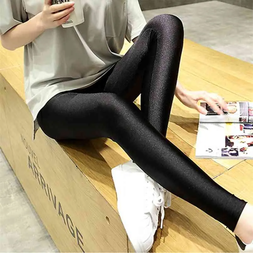 Automne femmes brillant noir Leggings mince brillant extensible taille haute pantalon maigre Legins Fitness Mujer 210604