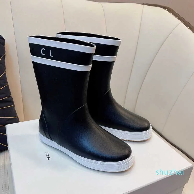 Botte de pluie imprimée antidérapante pour femmes, demi-bottes plates en caoutchouc naturel, top de styliste, printemps-automne, boîte de chaussures pour dames, taille 35-40