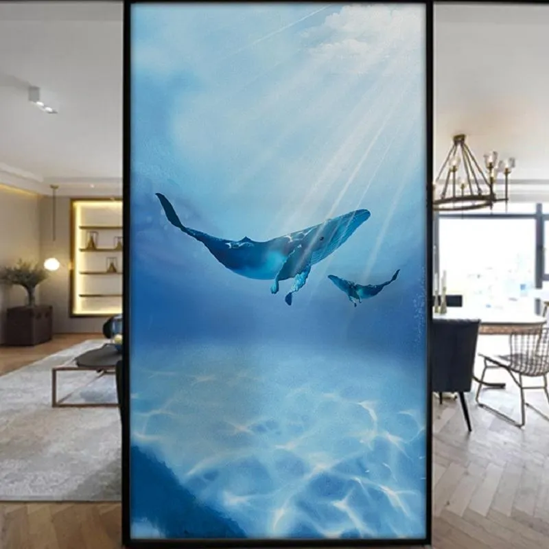 Adesivi per finestre Sea Whale Dimensioni personalizzate Lamina di vetro Static Cling Glassato Decalcomanie rimovibili Tinta Pellicola per porta Armadio Guardaroba Fai da te 40cmx100cm