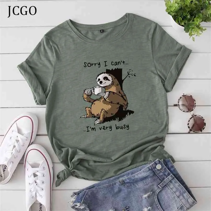 JCGO Frauen T-shirt Sommer Kurzarm Baumwolle Plus Größe S-5XL Nette Faul Faultier Drucken Lustige Casual O Hals Weibliche T-shirt tees Tops 210720