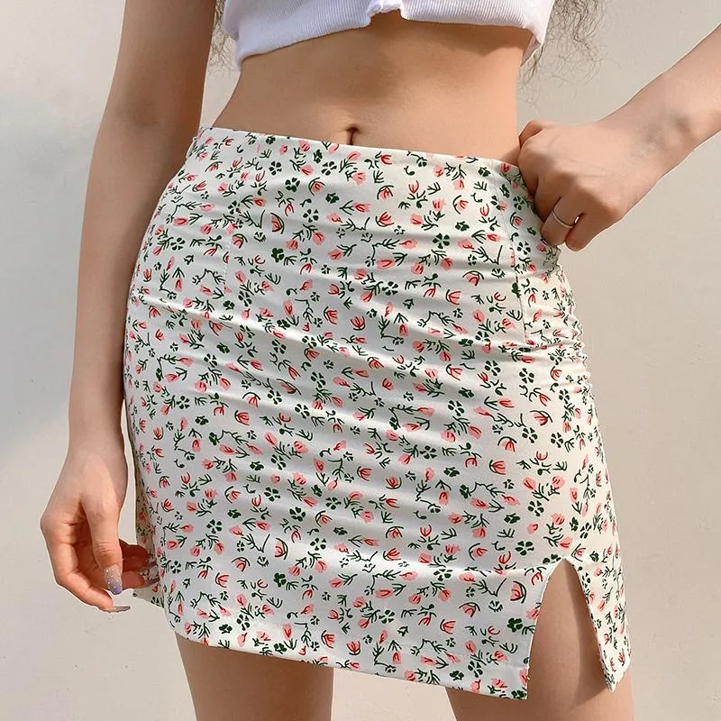 Women Split Floral Printed Slim Skirt Ladies Fashion High-waist Skinny Casual Mini For Girls Party Shopping Daily Wear Skirts