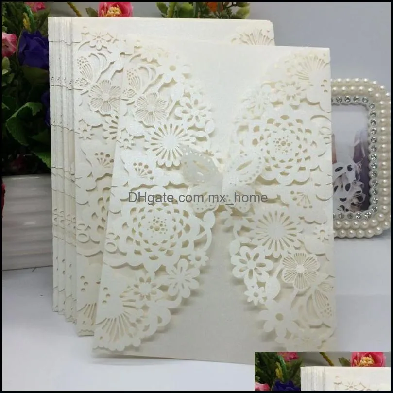 Greeting Cards 40pcs/pack Shiny Pearl Paper Wedding Invitation Card Flower Laser Cut Carved 3D Butterfly Invitations For Birthday