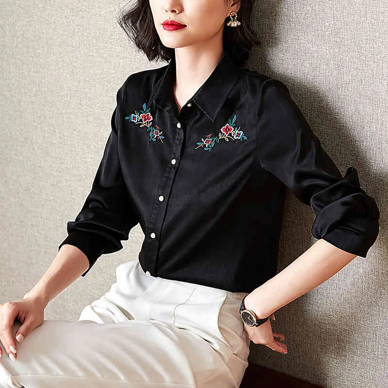 Silk Embroidery Womens Tops And Blouses Elegant Women Clothes White Shirt Office Blouse Plus Size Korean Fashion Clothing 210515