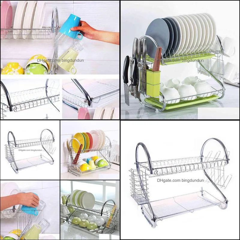 Large Dish Drying Rack Cup Drainer 2-Tier Strainer Holder Tray Stainless Steel Kitchen Accessories organizador de cocina 220118