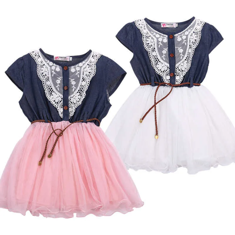 Lioraitiin New Fashion Kids Baby Girls Party Lace Flower Tulle Denim Dress Casual Dresses Kläder 2styles Q0716