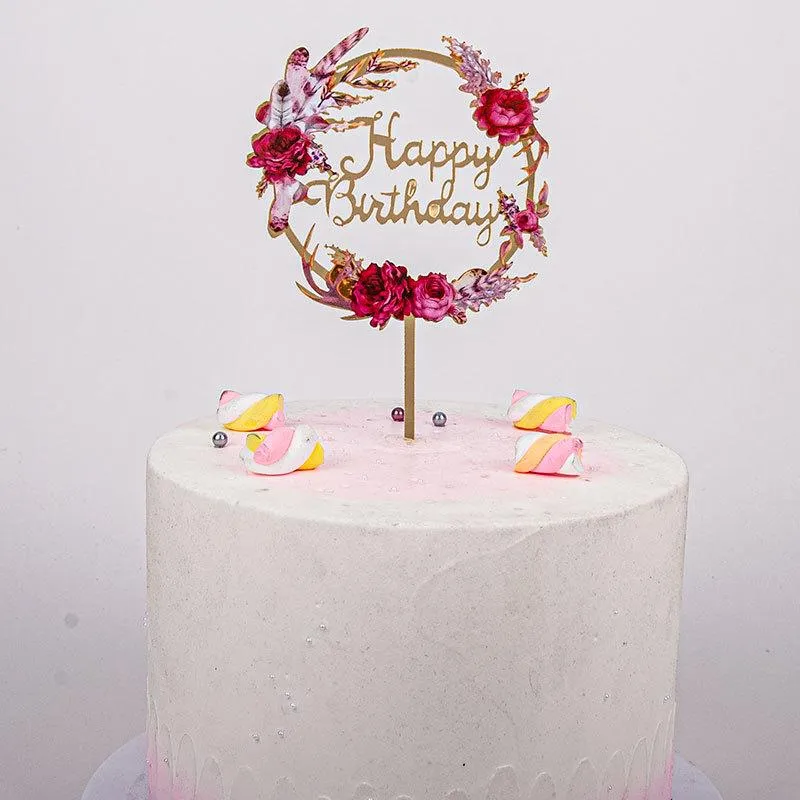 Andere Evenement Feestartikelen Happy Birthday Flowers Cake Topper Goud Zilver Insert Acryl Dessert Bruiloft Cupcake Dessert Decor