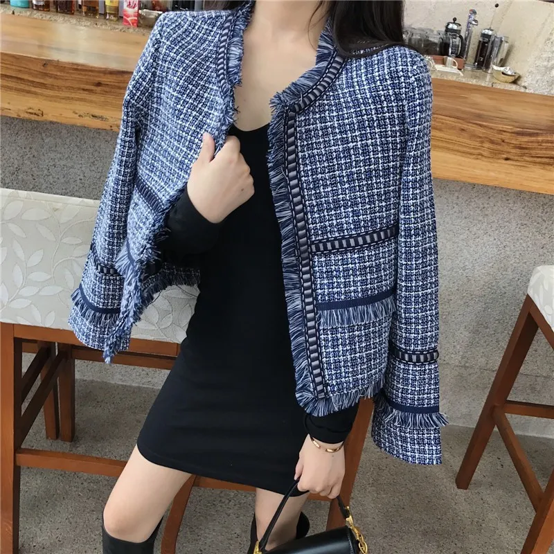 Petit parfum Tweed Fringe Veste Manteau Automne Hiver Femmes Weave Tassel Manches longues Casual Slim Overcoat 210514