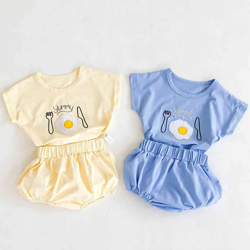 Ensemble de vêtements pour bébé, t-shirt à œufs et short solide, 2 pièces, vêtements pour garçons, été né 210429