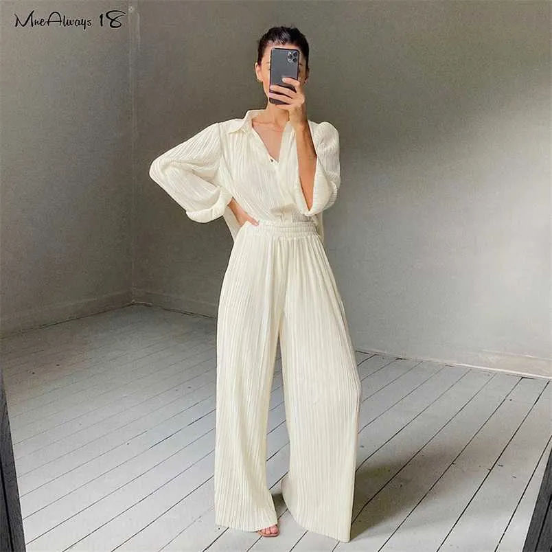 Mnealways18 Beige Pleated Wide Leg Pants Womens Fashion Casual Loose Trousers Office Lady Elegant Long Palazzo 211222