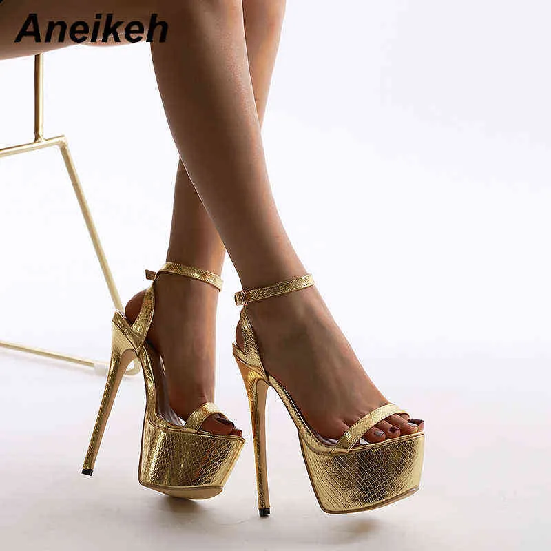 Sandaler Aneikeh Nya Sexiga Kvinnor Bling Golden PU Peep Toe Stripper High Heel Summer Fashion Buckle Strap Tunna Heels Slides 220121