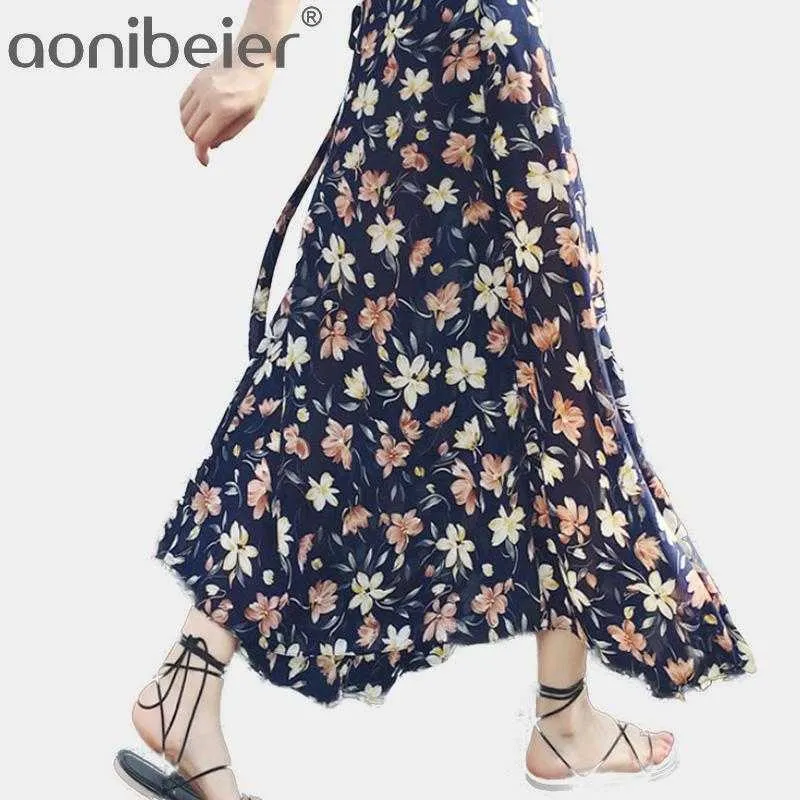 Yaz Çiçek Baskı Uzun Etek Kadın Maxi Polka Dot Yüksek Bel Şifon S Boho Casual Beach S 26 Renkler 210604