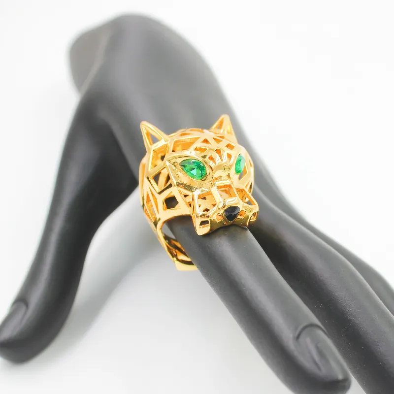 Trendy Hollow Leopard Animal Finger Ring Green Eyes Hollow Panther Heads Rings For Men Women Party Jewelry