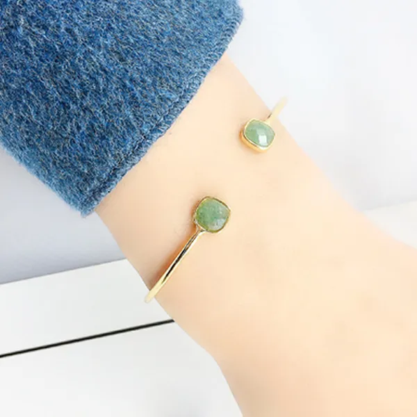 Bracelet à manchette ouverte en cuivre et pierre naturelle à 2 têtes carrées pour femmes, joli cadeau, bijoux, vente en gros, Q0717