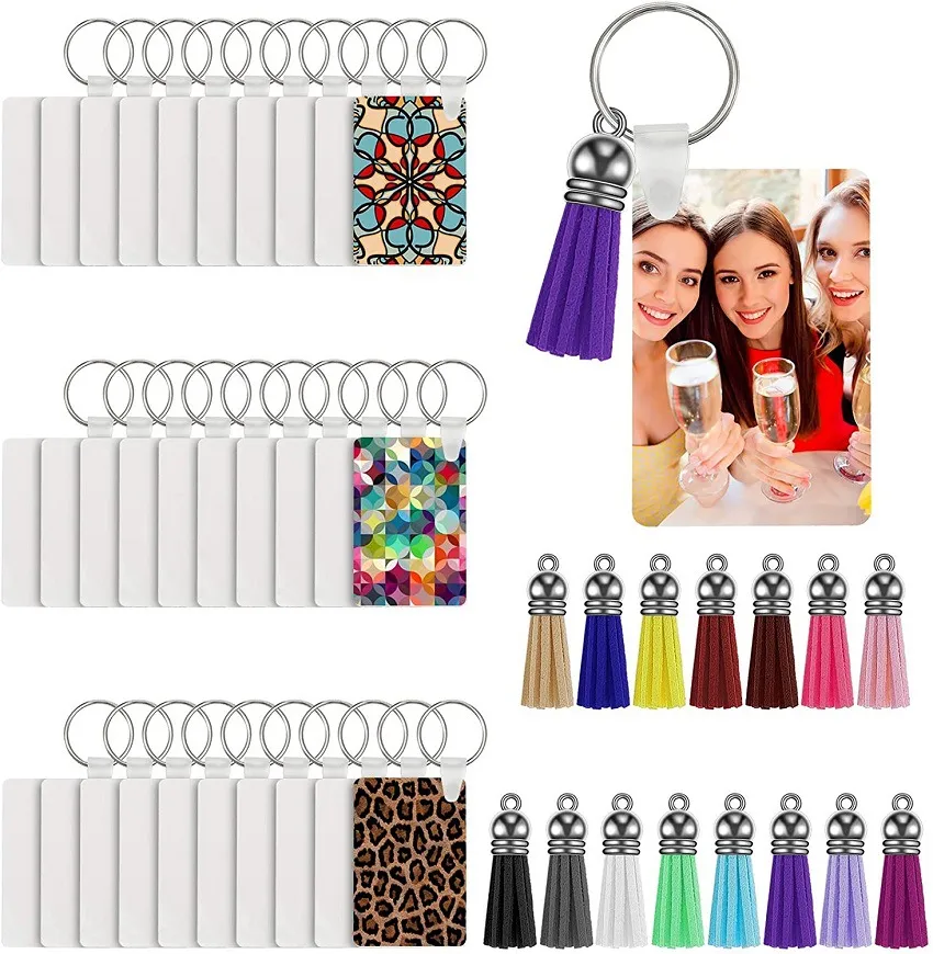 Blank sublimering Keychain 30PCS / set MDF värmeöverföring dubbel sida sublimering blanks set inkluderar nyckelkedjor party DIY favoriserar