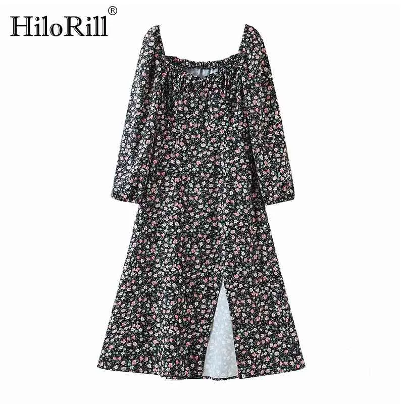 Stijlvolle voorkant Split Floral Midi Jurk Herfst Spring Square Neck Elegant A Line Lady Long Mouw Print Robe 210508