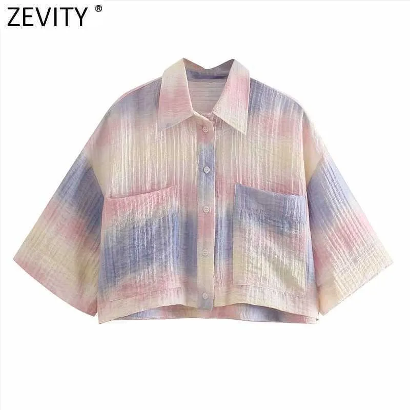 Zevity Women Sweet Gradiant Colorful Tie Dyed Print Casual Short Shirt Female Short Sleeve Kimono Blouse Roupas Chic Tops LS9068 210603