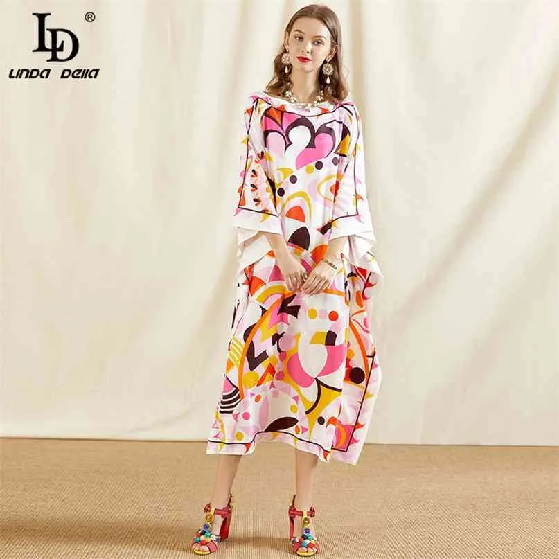 Bohemian Summer Long Dress Women Fashion Runway O-Neck Färgglada Skriv ut Stickning Elastisk Lös plusstorlek Maxi 210522