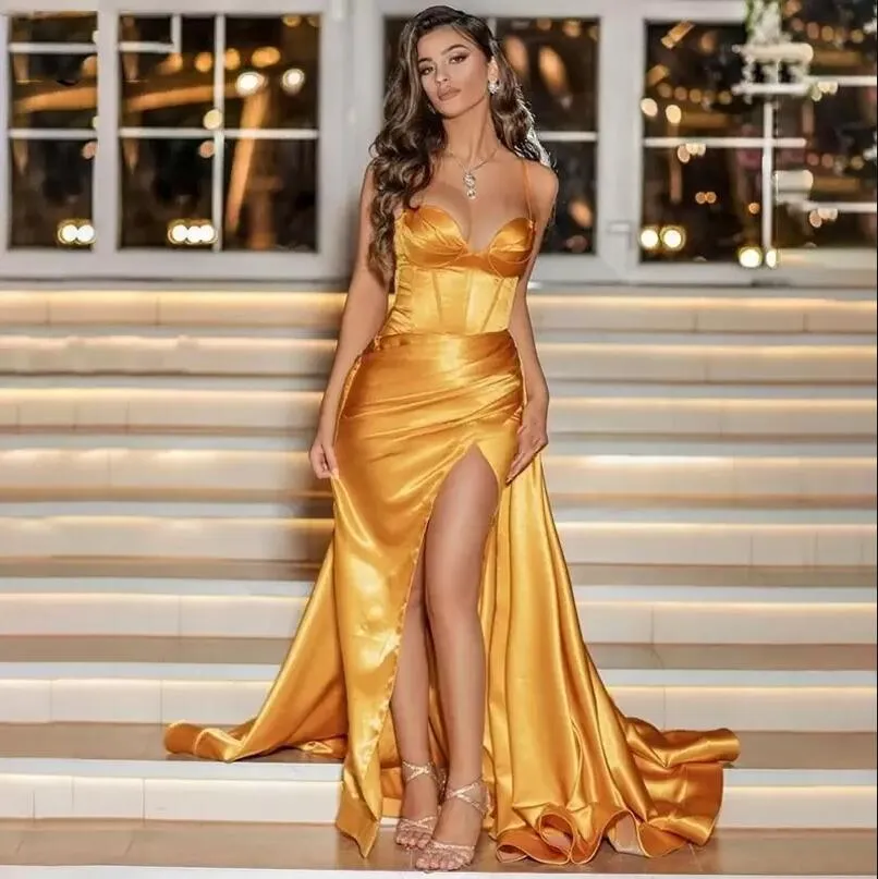 Size Sexy Plus Gold Mermaid Evening Dresses Spaghetti Neck High Side Split Pleats Court Train Satin Formal Prom Gowns Vestidos De Fiesta Custom Made