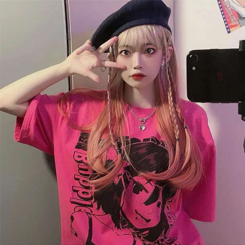 Damska koszulka Lato 2021 Loose Size Cartoon Cute Girl Koreański Styl Kawaii Top Koszulki 90. Estetyczna Gotycka Kobieta Odzież