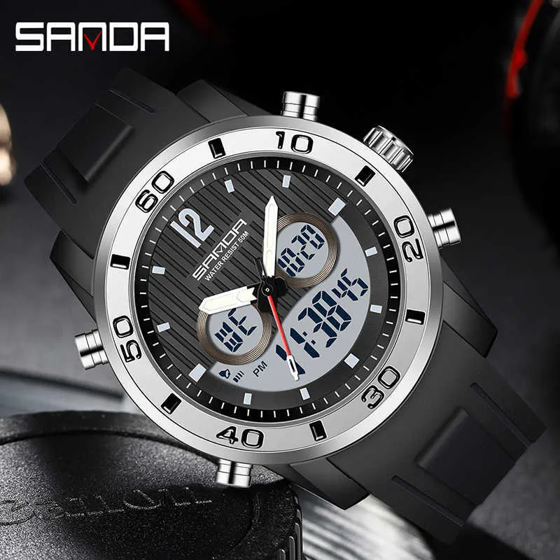 SANDA Luxury Japanese Electronic Movement 2Time LED Display Military Digital Waterproof Alarm Clock Quartz Watch Reloj de hombre G1022