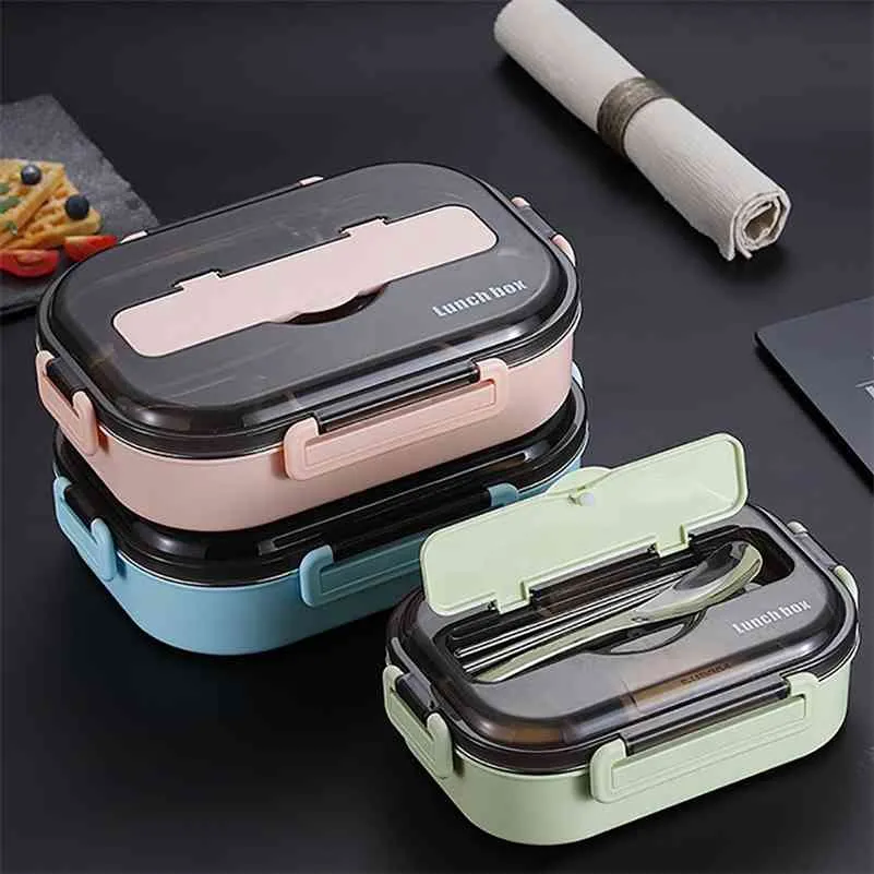 Tragbare 304 Edelstahl Lunchbox Japanischer Stil Fach Bento Box Küche Auslaufsicherer Lebensmittelaufbewahrungsbehälter 210925