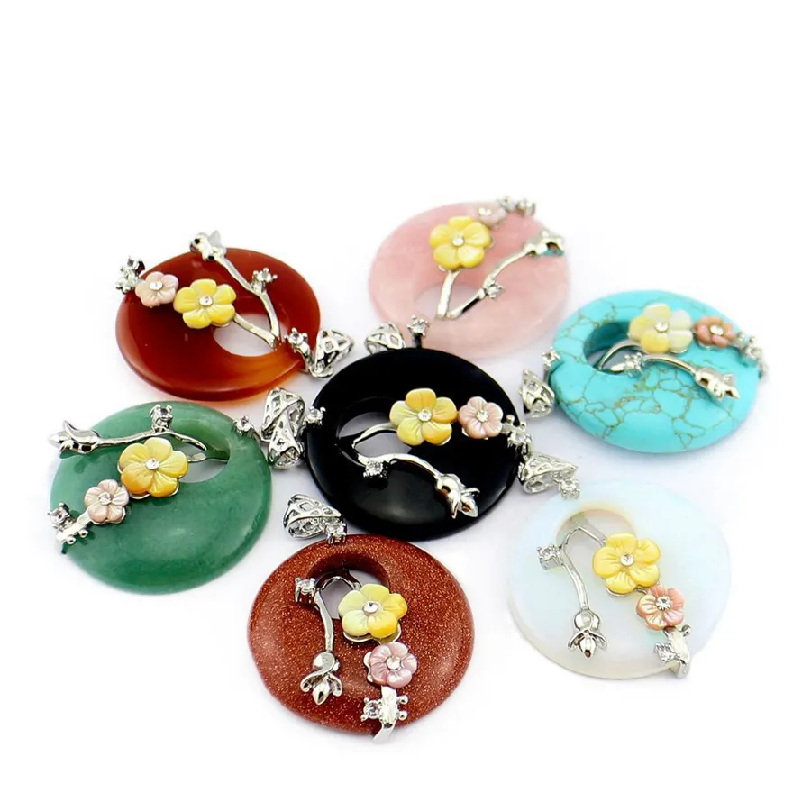 40mm Natural Stone Marquetry Flower Aura Pendant Plum Blossom Nostalgia Ethnic Reiki Healing Crystal Necklace Charm Fashion Quartz Agate Jewelry Wholesale