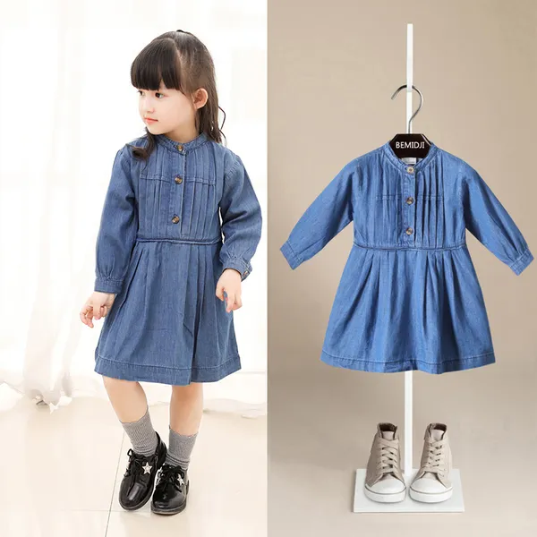 2021 été bébé fille vêtements enfants mode Denim couleur robe d'été chasuble à manches longues robe pour enfants 2-7 ans Q0716