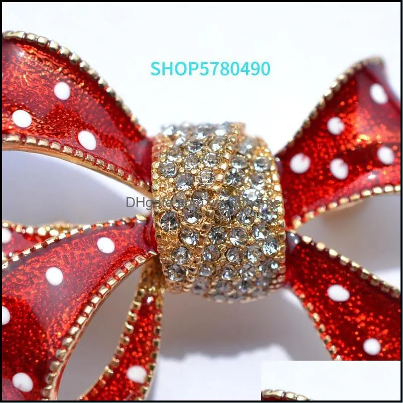 Pins, Brooches Fashion Jewelry Red Color Ribbon Rhinestone For Women Elegant Enameled Pin Lady Christmas Gift Holiday Dress Decoration