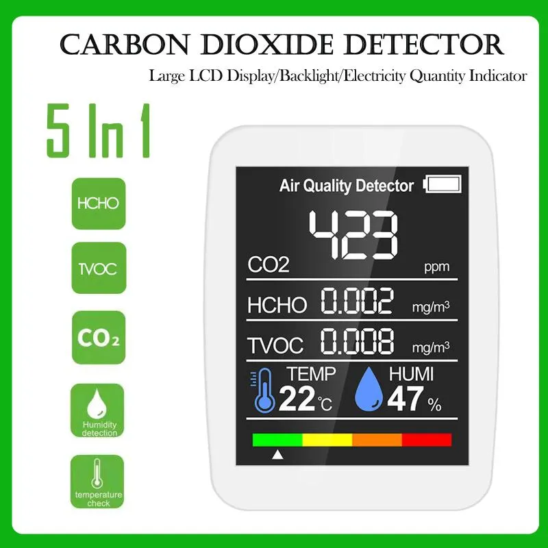 Gasanalysatoren 5 in 1 luchtkwaliteit Monitor CO2 meter koolstofsensor met tvoc formaldehyde waarde temperatuur vochtigheid displaygas