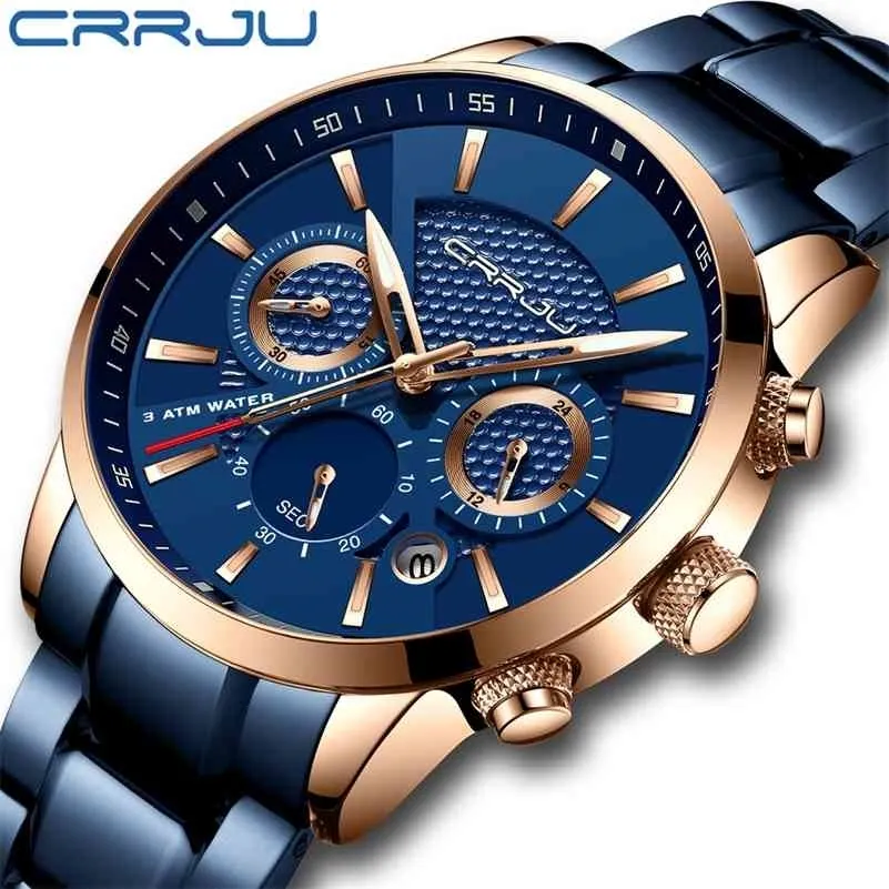 Crrjuビジネスメンズウォッチファッションブルーデートクロノグラフスタンレススチール腕時計メンズカジュアル防水時計レオギオマスキュリノ210517