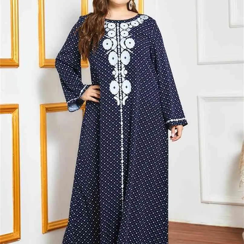 Navy Blue Ethnic Embroidery Dot Maxi Dress for Women Fall O Neck Long Sleeve Plus Size Arabic Muslim Turkey Clothes 210517