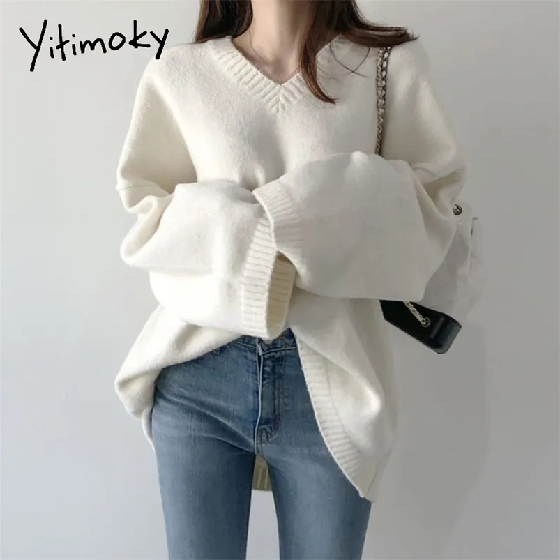 Yitimoky trui vrouwen zwart wit truien Koreaanse stijl herfst winter losse casual v-hals gebreide top solid kleding 210812