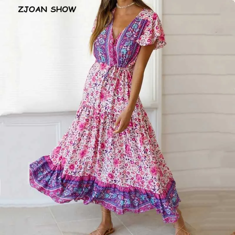 2020 Boho Open Button V Neck Floral Print Bohemia Dr Summer Ethnic Woman Krótki Rękaw Tie Łuk Strappy Maxi Długie sukienki X0621