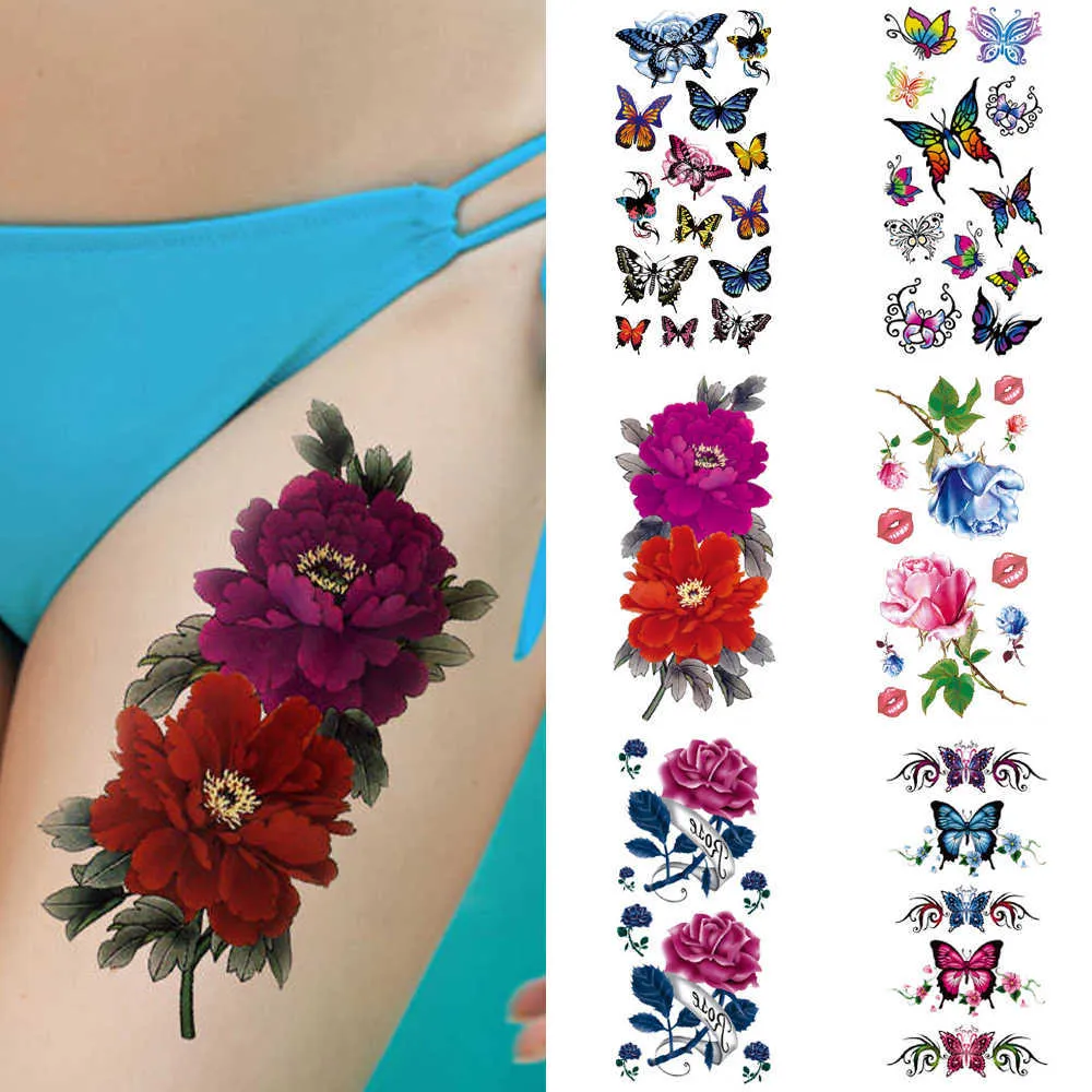 Nova impressão 3D impressão temporária impermeável paster borboleta peônia lotus flor tatuagem adesivo para braço tornozelo falso tatt