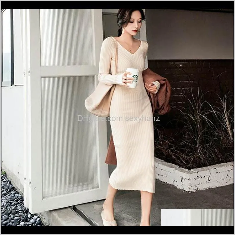 elegant autumn winter sweater dresses for women one-piece korean long sleeve v-neck knitted dress slim woman office knidress