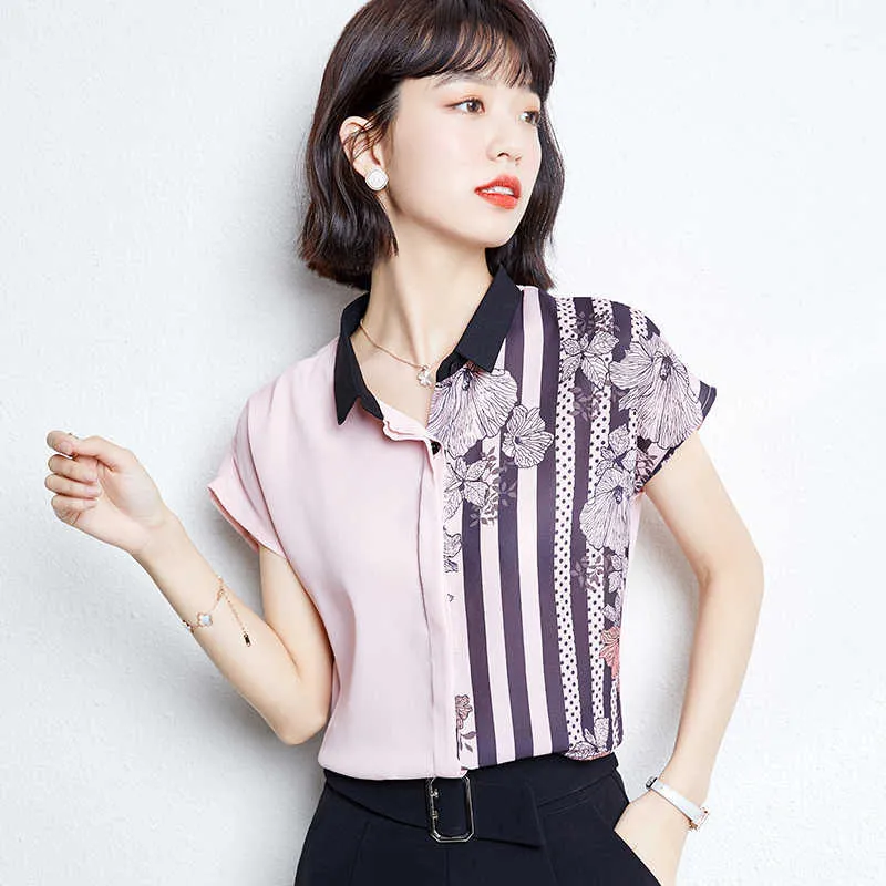 Korean Women Shirt Chiffon Blouses for Short Sleeve Shirts Female Top Pink All-match Tops Plus Size Woman OL 210604