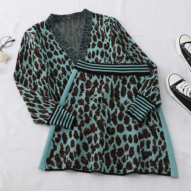 Leopard Print And Autumn Retro V Neck Single Breasted Long Sleeved Cardigan Temperament Skirt 2 Piece Suit 211108