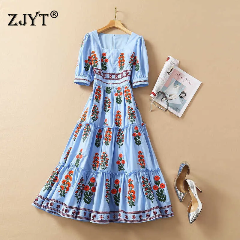 Summer Runway Fashion Luxury Embroidery Cotton Dress Women Short Sleeve Square Collar Robe Midi Aline Party Blue Vestidos 210601