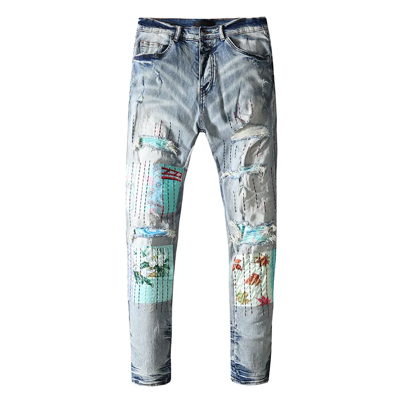 European and American mens jeans new wash old tie-dye patch water ripple patchwork blue slim fit