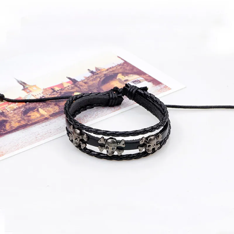 Braided Leather Punk Bracelet With Skull - Adjustable Wristband For Biker, Rocker Style