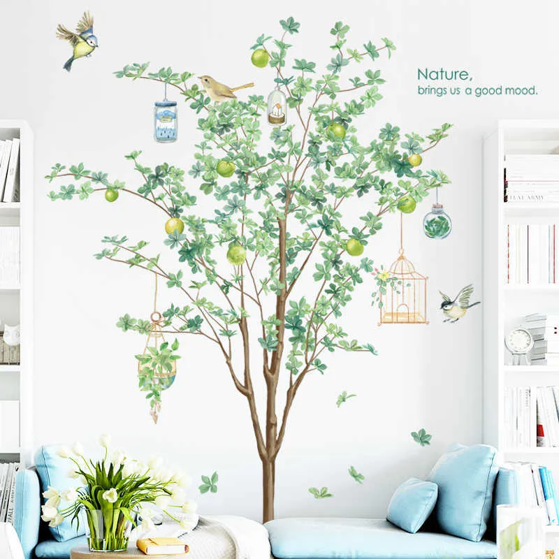緑の木の壁のステッカービニールのリビングルームの家の装飾ポスター春の鳥デカールの取り外し可能210705