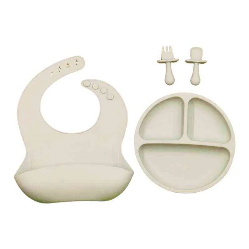 4 Pcs/Set Baby Training Feeding Food Bowl Spoon Fork Bibs Set Anti Slip Silicone Suction Divided Plate Tray Utensil 39XF G1210