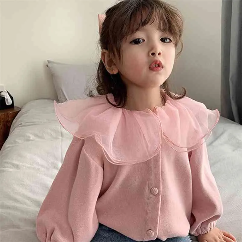 Girls Cardigan Jackets Fall Winter Baby Cute Sweet Clothing Kids Children Top Lace Lapel Jacket For Autumn 210625