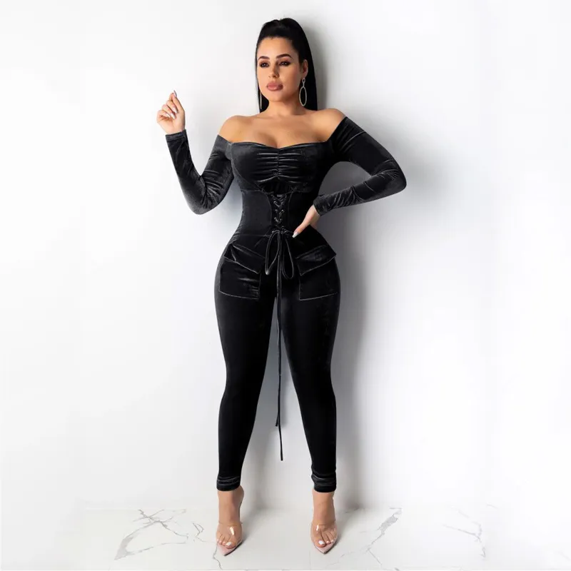Velour off shoulder best sale jumpsuit