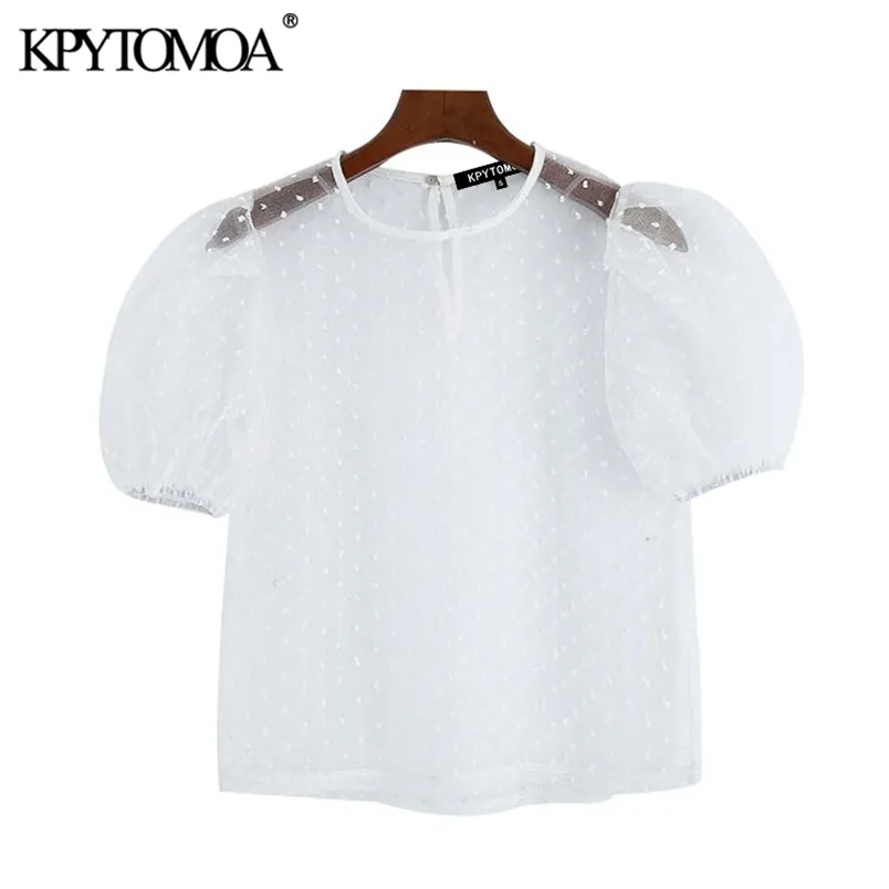 Sexy Transparent Dotted Mesh Cropped Blouses Women Fashion O Neck Short Sleeve Female Shirts Blusas Chic Tops 210420