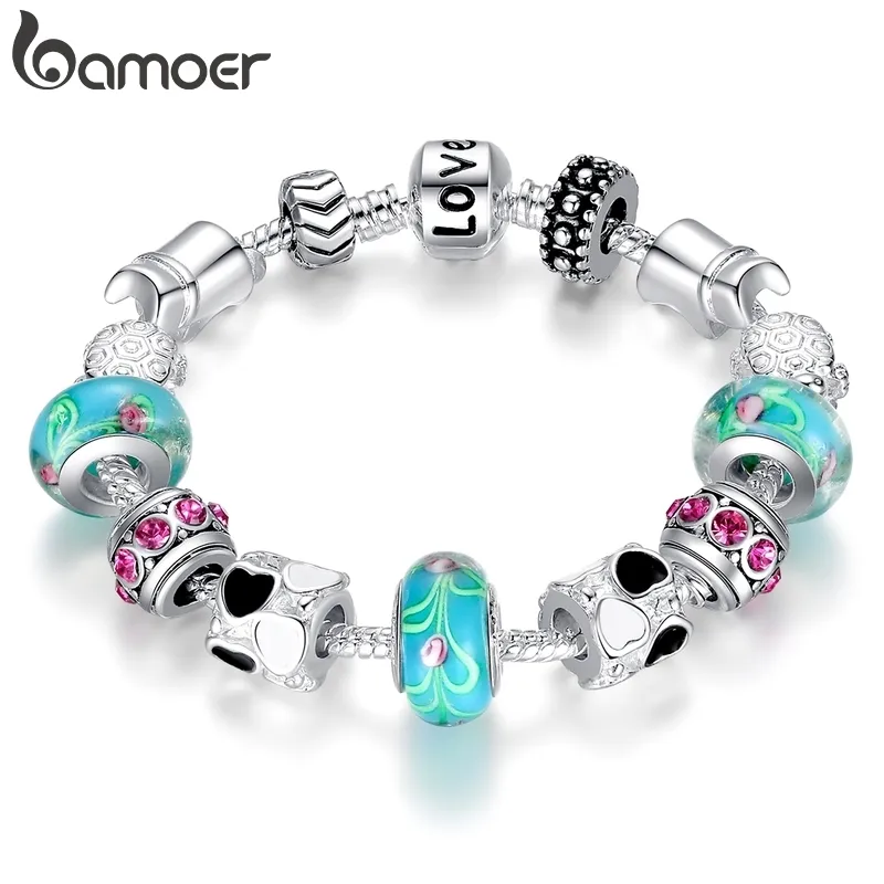 Bamoer Silver Plated Charm Armband Bangle för Kvinnor Med Murano Beads Fashion Love DIY Smycken PA1019