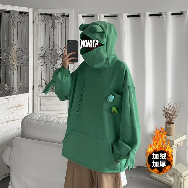 Sweats à capuche pour hommes Sweatshirts Automne / hiver Dessin animé Grenouille verte Manteau à capuche et à capuche polaire pour hommes Femmes Pull coréen à manches longues en vrac